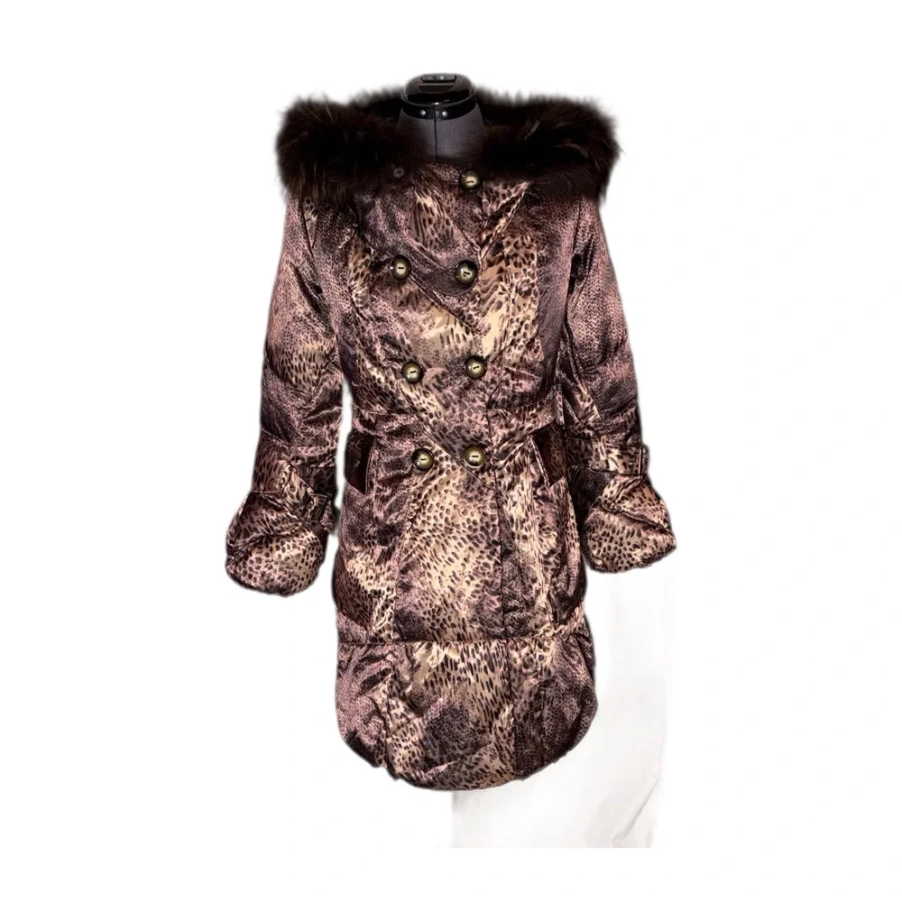Tuleh Y2K Leopard Print Real Fur Trim Hooded Trench Coat M B35 W31 H38 DAMAGED